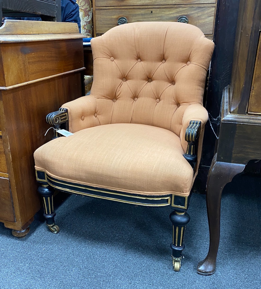 A small Victorian upholstered ebonised side chair, width 58cm, depth 50cm, height 77cm